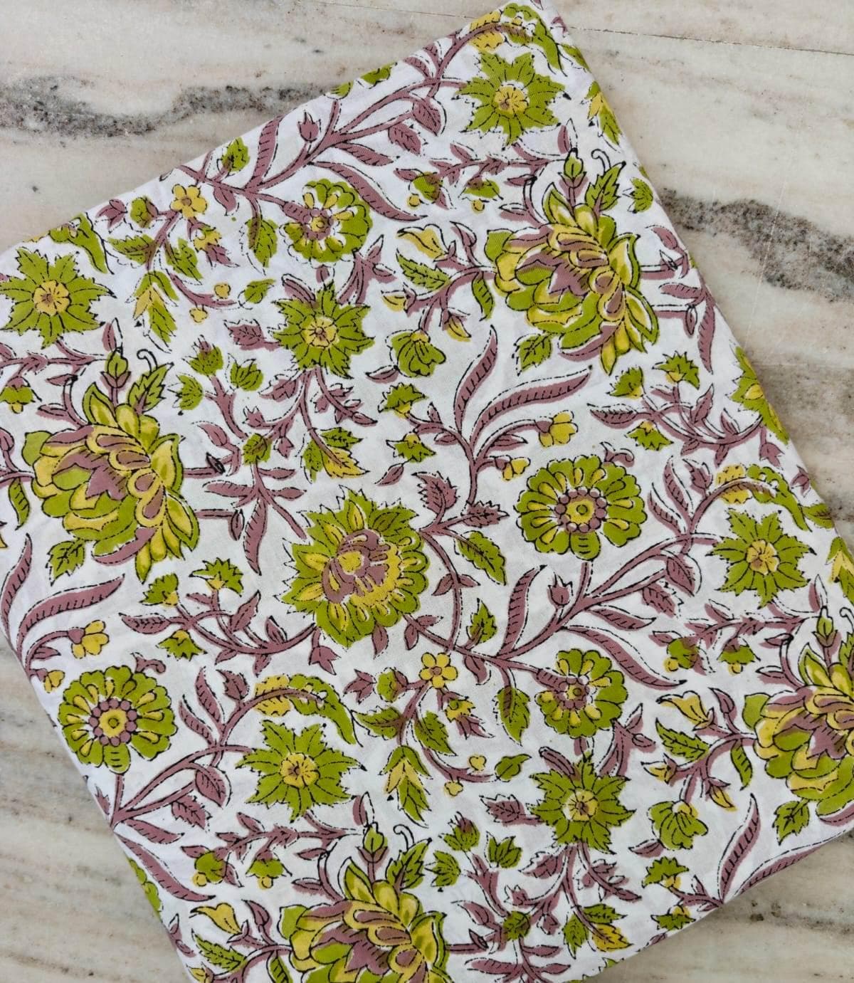 Vintage Floral Cotton Fabric, Hand Block Print Fabric, Indian Cotton Textile, Green Pink Floral Fabric, Sewing & Quilting Running Fabric