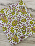 Vintage Floral Cotton Fabric, Hand Block Print Fabric, Indian Cotton Textile, Green Pink Floral Fabric, Sewing & Quilting Running Fabric
