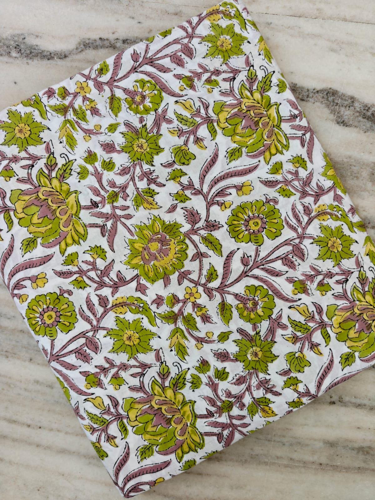 Vintage Floral Cotton Fabric, Hand Block Print Fabric, Indian Cotton Textile, Green Pink Floral Fabric, Sewing & Quilting Running Fabric