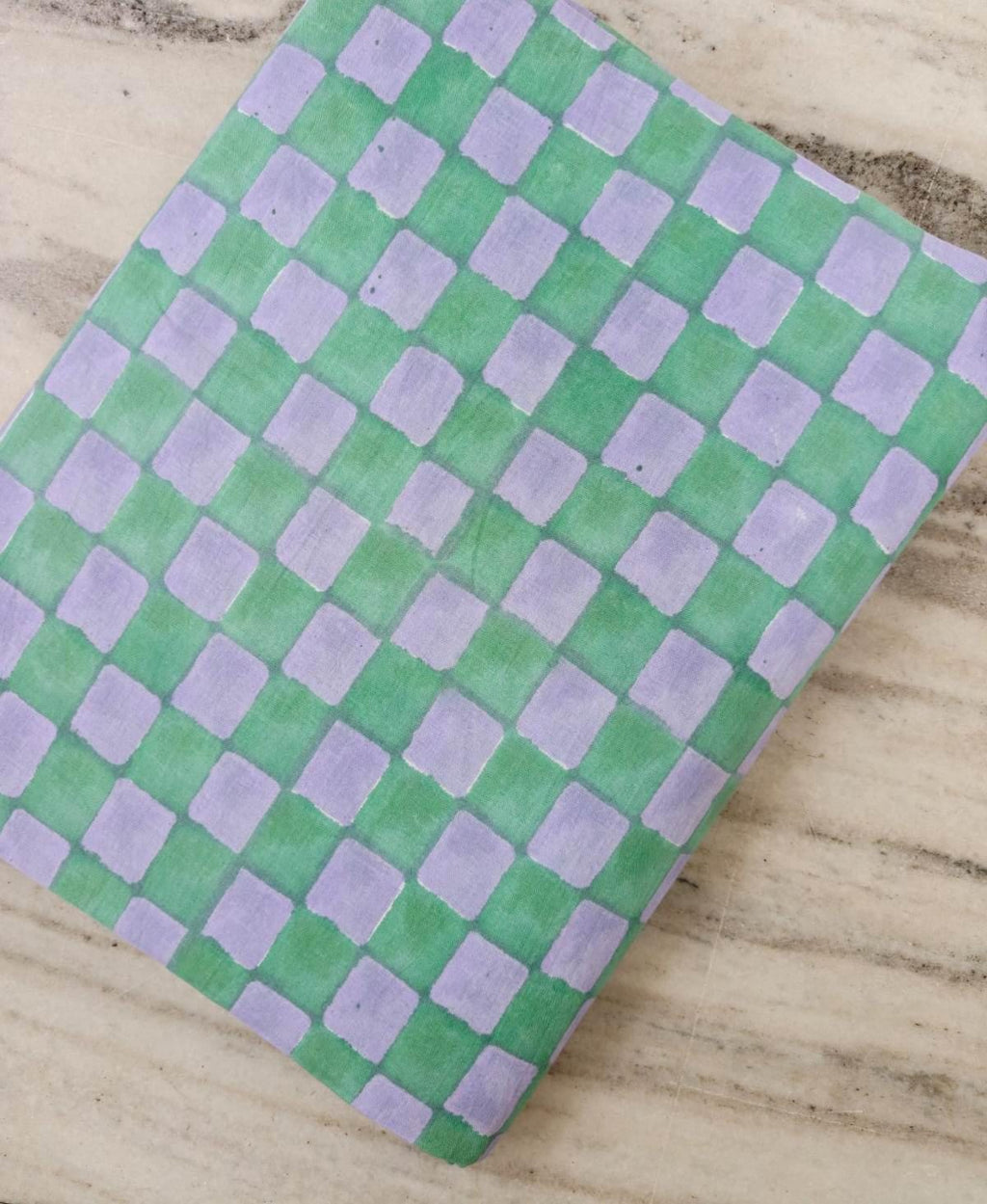 Pastel Green Lavender Cotton Fabric, Checkered Block Print Fabric, Hand Printed Indian Cotton Textile, Sewing & Quilting Loose Fabric