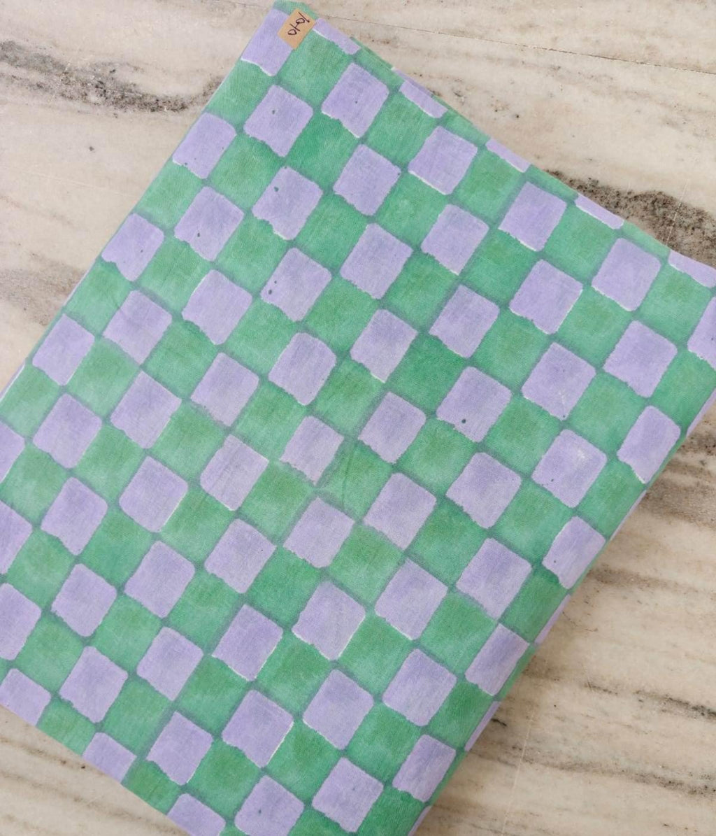 Pastel Green Lavender Cotton Fabric, Checkered Block Print Fabric, Hand Printed Indian Cotton Textile, Sewing & Quilting Loose Fabric