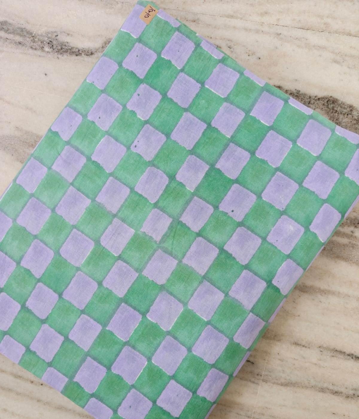 Pastel Green Lavender Cotton Fabric, Checkered Block Print Fabric, Hand Printed Indian Cotton Textile, Sewing & Quilting Loose Fabric