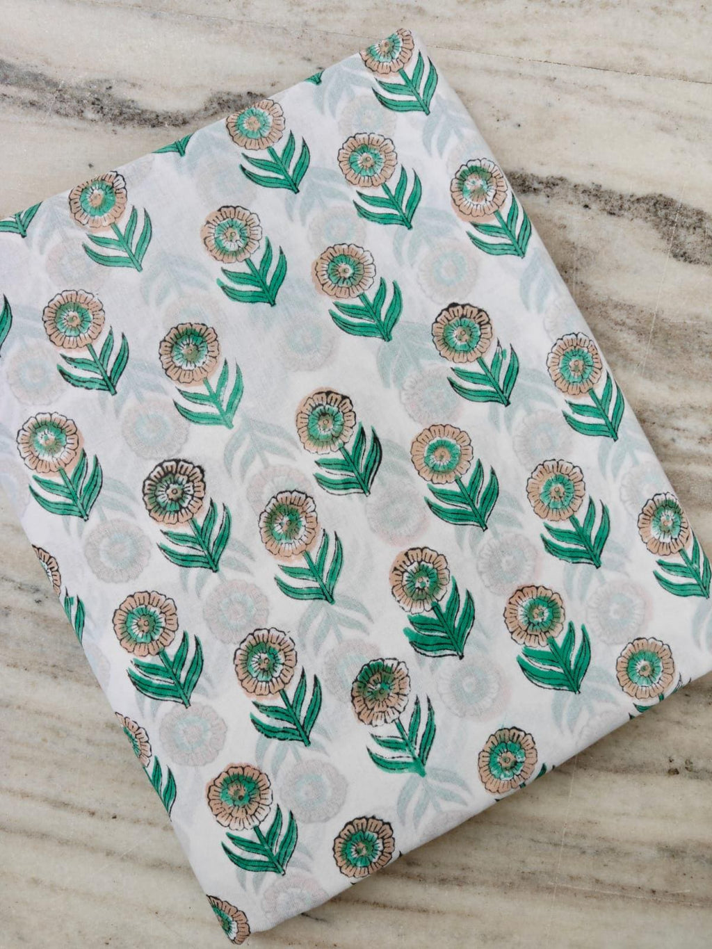 Floral Cotton Fabric, Green Flower Print Fabric, Hand Block Print Indian Cotton, White Botanical Fabric, Sewing & Quilting Textile