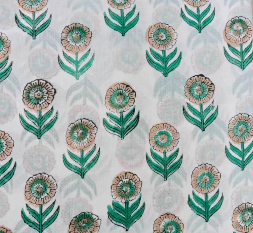 Floral Cotton Fabric, Green Flower Print Fabric, Hand Block Print Indian Cotton, White Botanical Fabric, Sewing & Quilting Textile