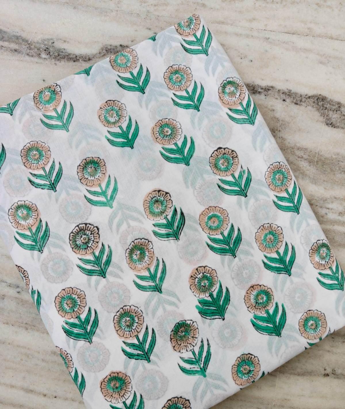 Floral Cotton Fabric, Green Flower Print Fabric, Hand Block Print Indian Cotton, White Botanical Fabric, Sewing & Quilting Textile