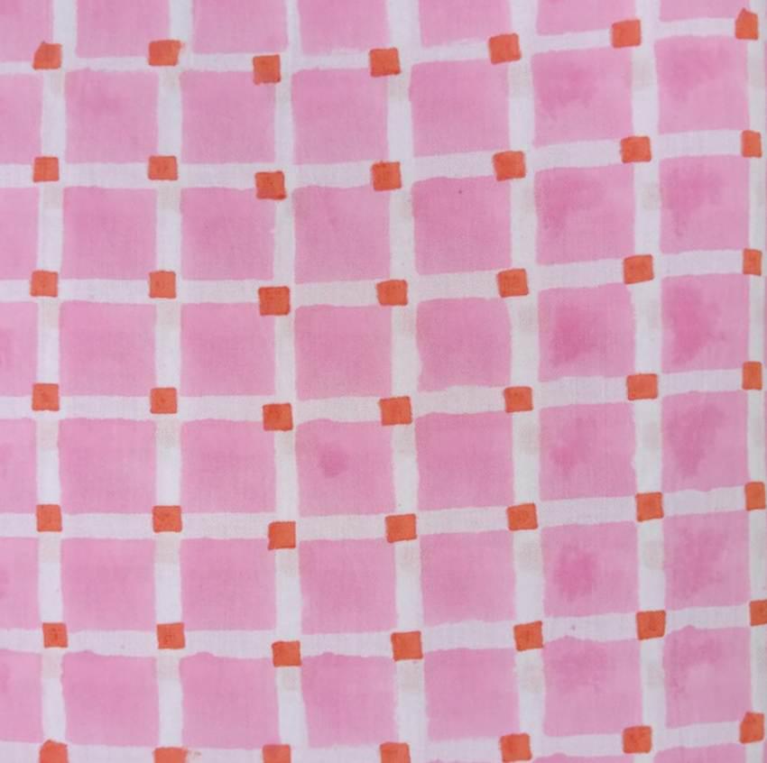 Patchwork Pink Gingham Cotton Fabric with Orange Accents, 100% Floral Indian Hand Block Print Fabric, Quilting Cotton, Loose Running Fabric