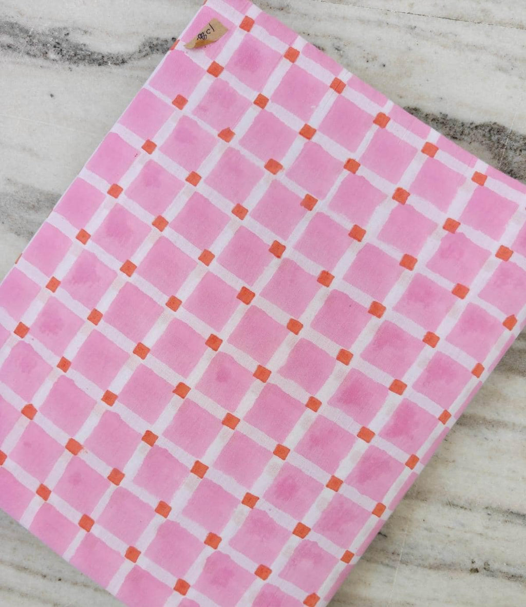 Patchwork Pink Gingham Cotton Fabric with Orange Accents, 100% Floral Indian Hand Block Print Fabric, Quilting Cotton, Loose Running Fabric