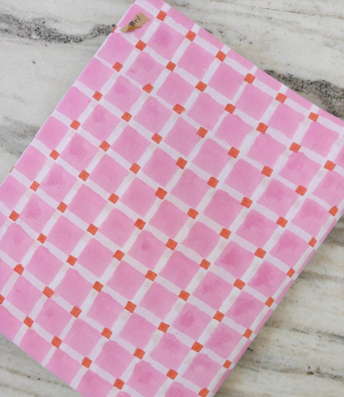 Patchwork Pink Gingham Cotton Fabric with Orange Accents, 100% Floral Indian Hand Block Print Fabric, Quilting Cotton, Loose Running Fabric