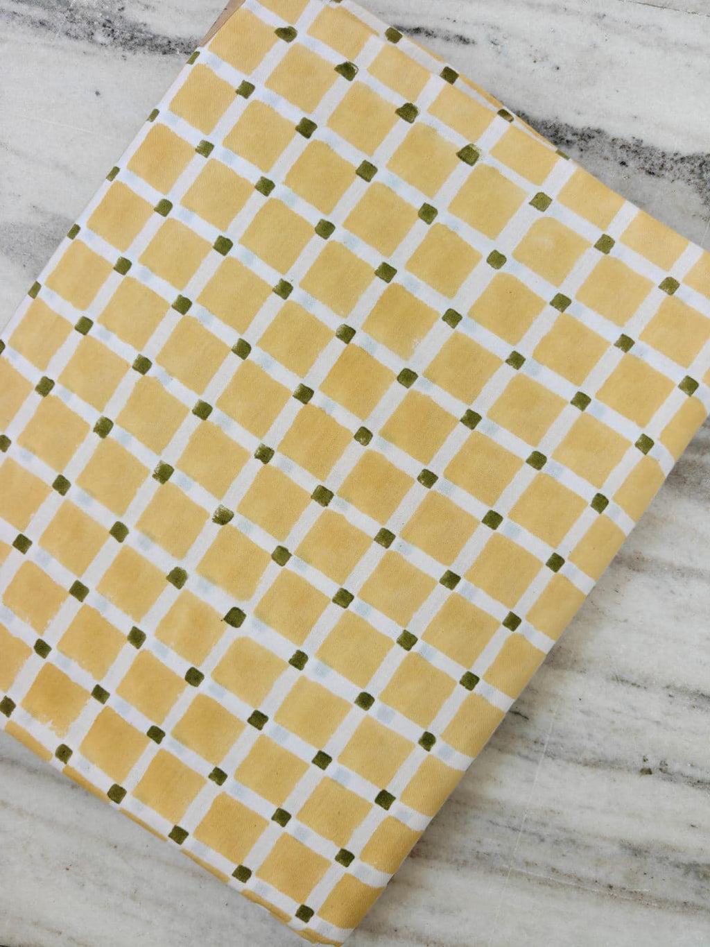 Mustard Yellow & Olive Green Gingham Cotton Fabric, Hand Block Print Checkered Fabric, Quilting Cotton, Sewing Craft Loose Running Fabric