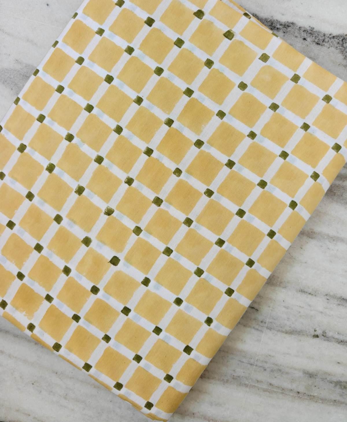 Mustard Yellow & Olive Green Gingham Cotton Fabric, Hand Block Print Checkered Fabric, Quilting Cotton, Sewing Craft Loose Running Fabric