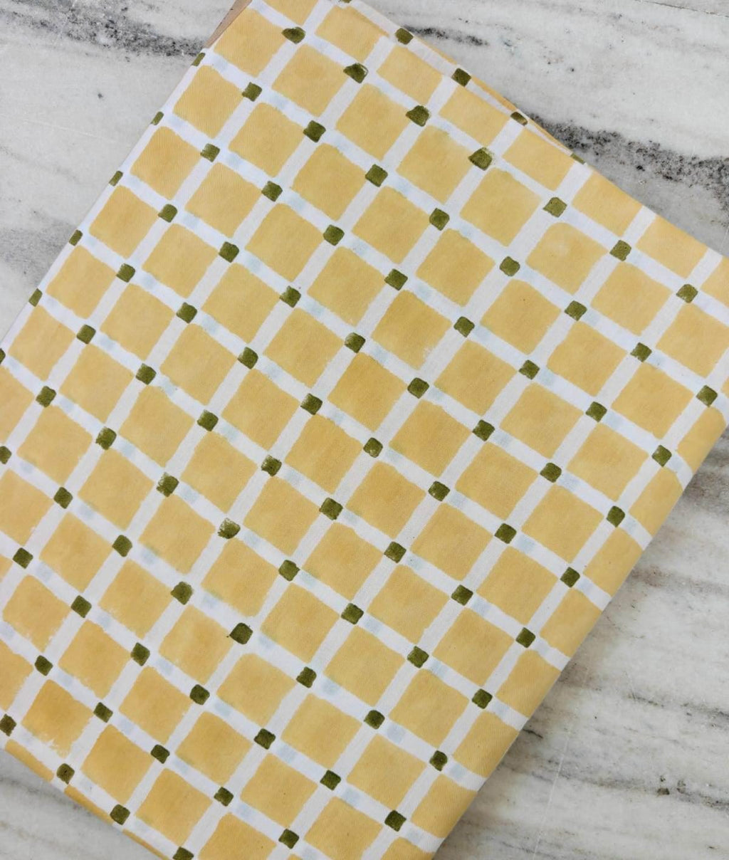 Mustard Yellow & Olive Green Gingham Cotton Fabric, Hand Block Print Checkered Fabric, Quilting Cotton, Sewing Craft Loose Running Fabric