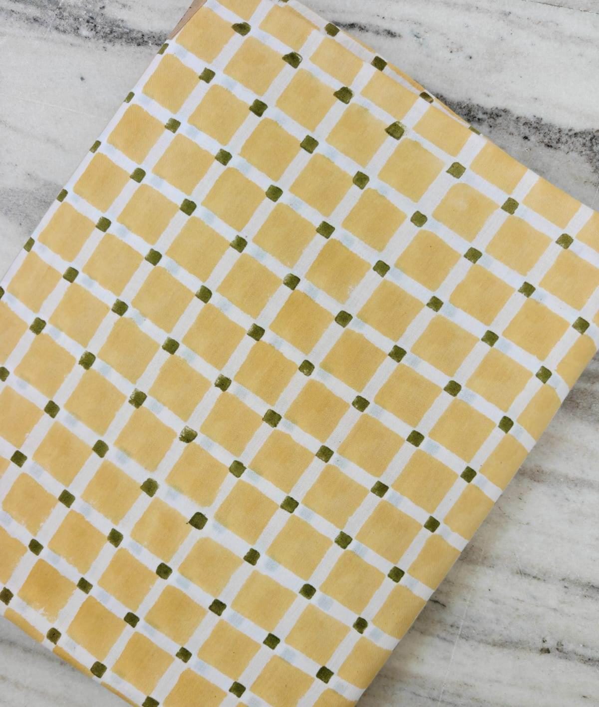 Mustard Yellow & Olive Green Gingham Cotton Fabric, Hand Block Print Checkered Fabric, Quilting Cotton, Sewing Craft Loose Running Fabric