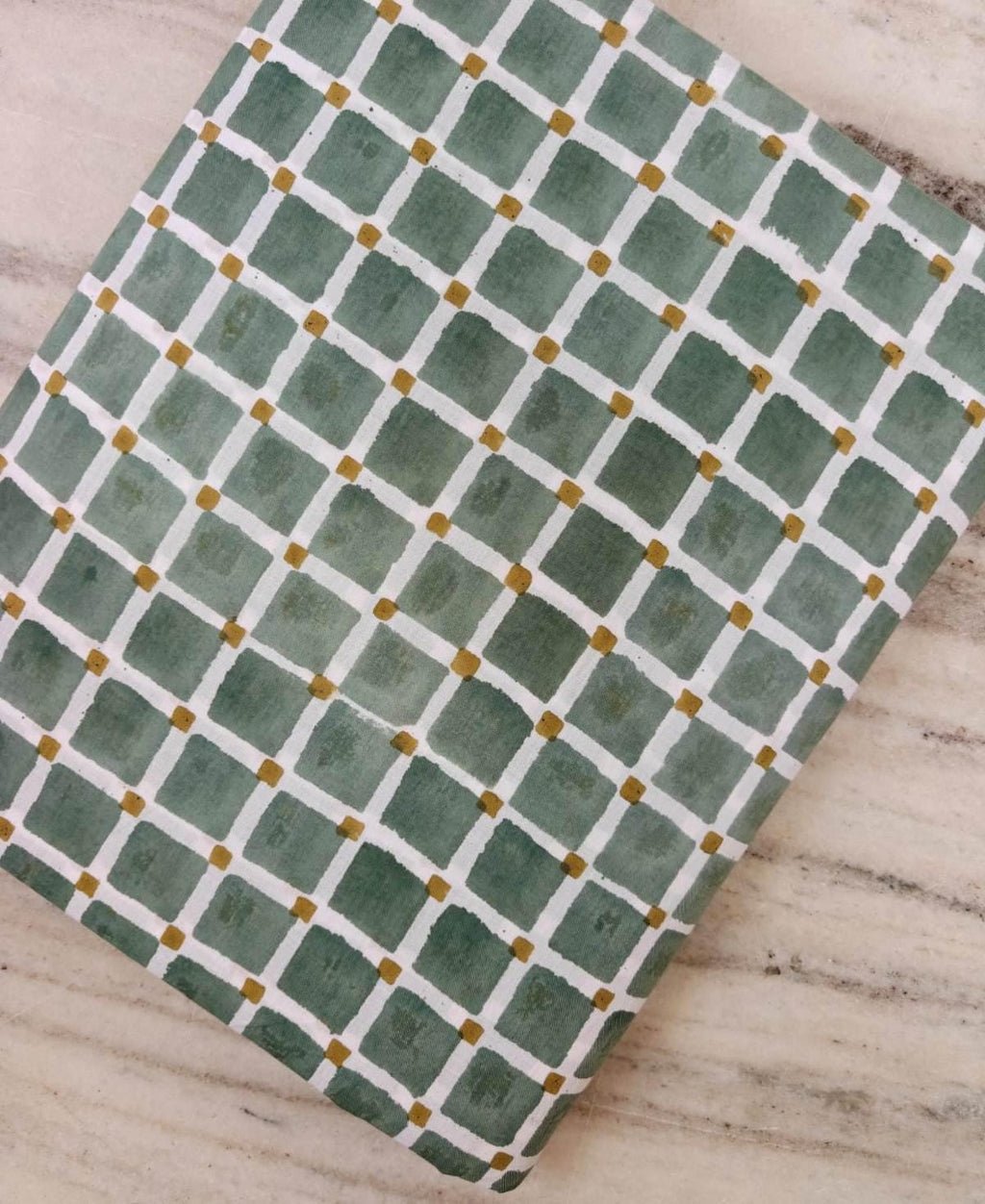 Sage Green & Mustard Gingham Cotton Fabric, Hand Block Print Checkered Fabric, Quilting Cotton, Sewing Craft Fabric, Loose Running Fabric