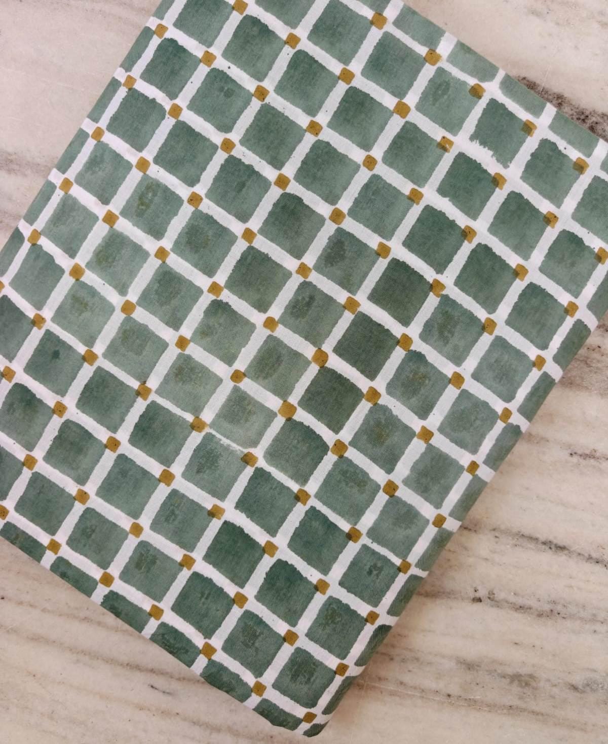 Sage Green & Mustard Gingham Cotton Fabric, Hand Block Print Checkered Fabric, Quilting Cotton, Sewing Craft Fabric, Loose Running Fabric