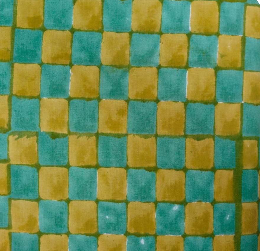 Indian Hand Block Print Fabric, Floral 100% Cotton Quilting Fabric By The Yard, Teal & Mustard Yellow Checkered Pattern, Geometric Textile