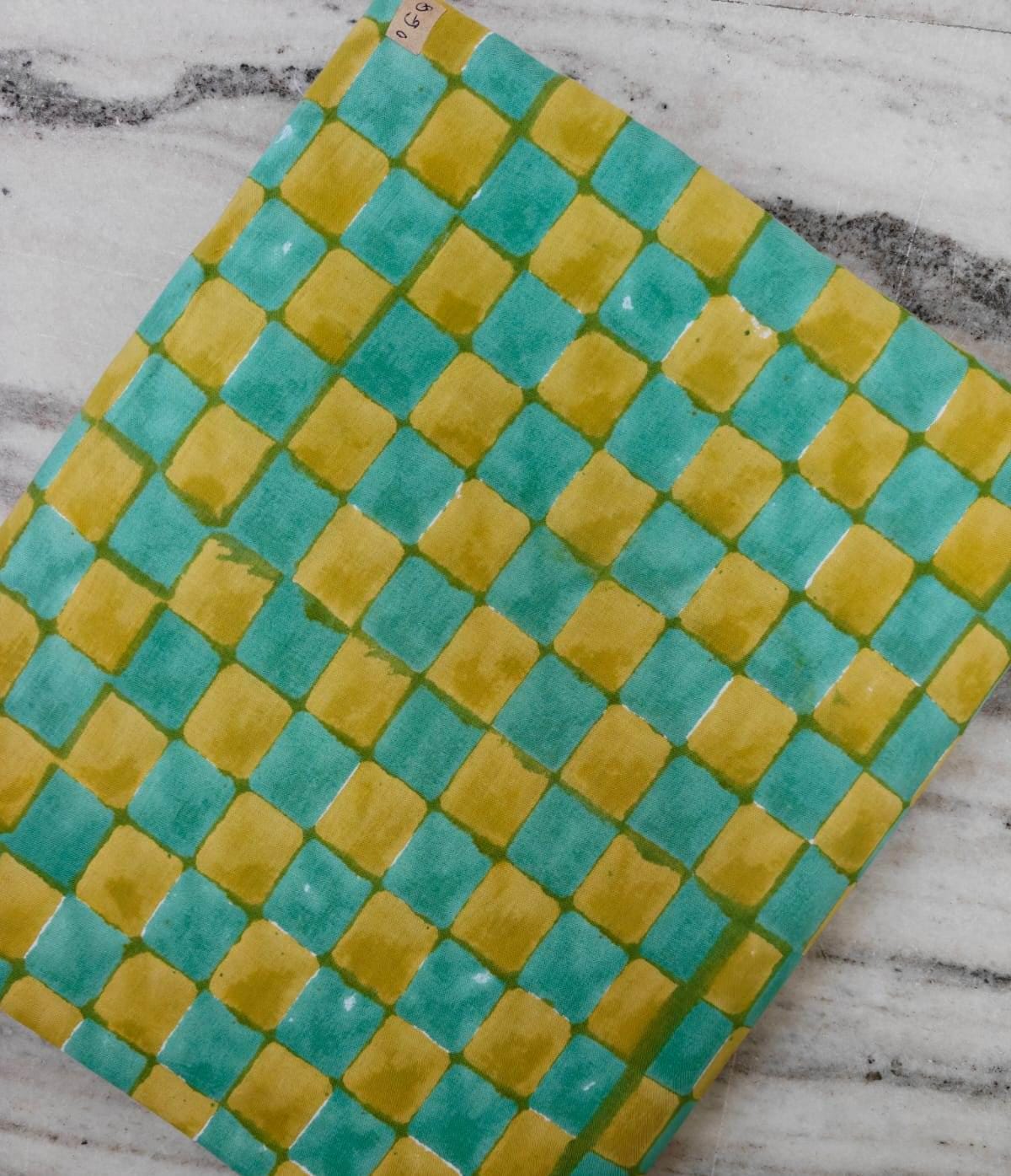 Indian Hand Block Print Fabric, Floral 100% Cotton Quilting Fabric By The Yard, Teal & Mustard Yellow Checkered Pattern, Geometric Textile