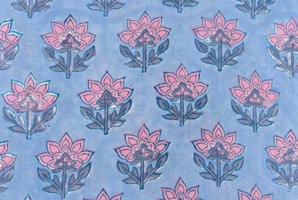 Blue Hand Block Print Cotton Fabric by the Yard, Pink Floral Indian Printed Fabric for Dressmaking, Soft Jaipur Cotton Loose Running Fabric
