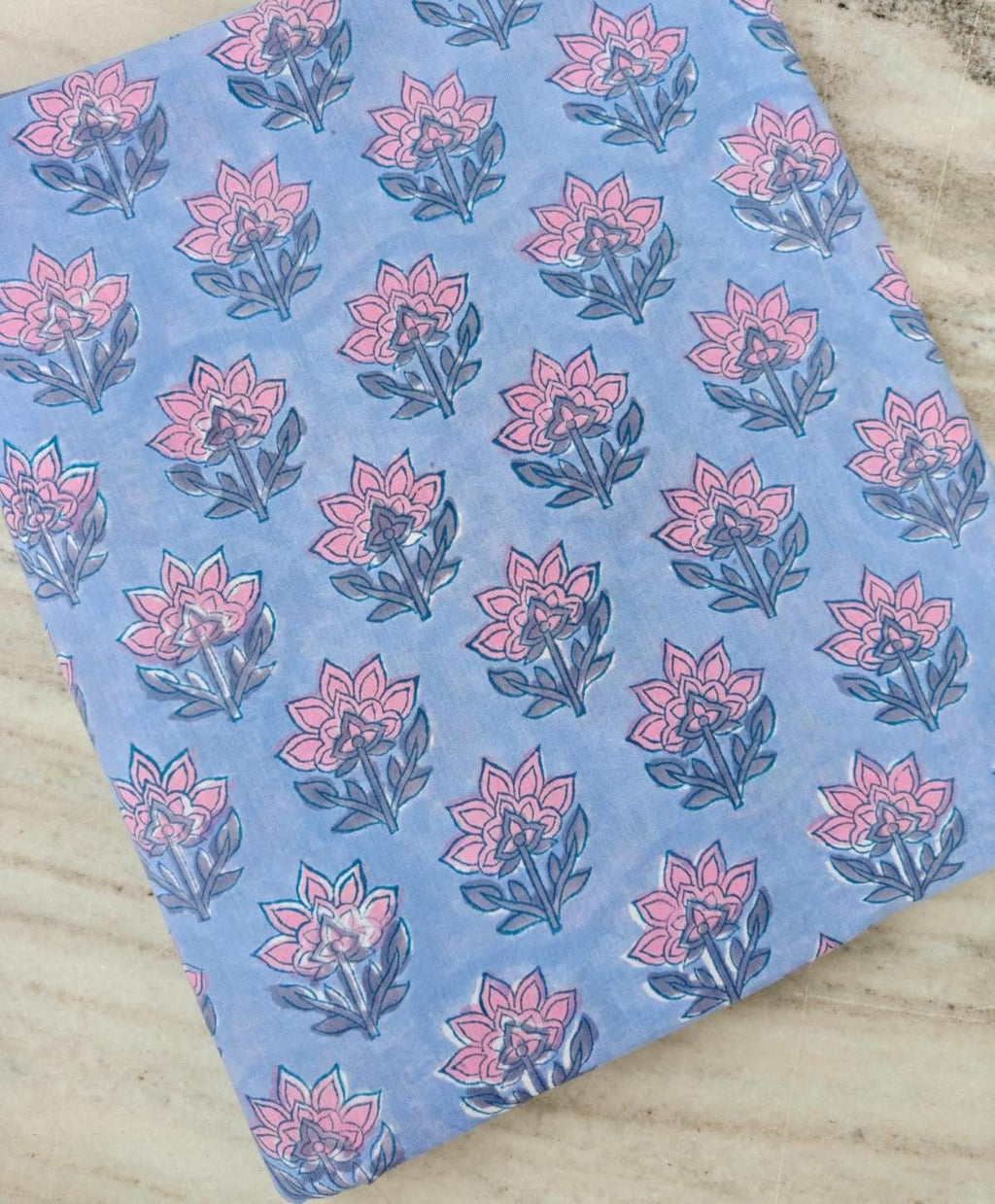 Blue Hand Block Print Cotton Fabric by the Yard, Pink Floral Indian Printed Fabric for Dressmaking, Soft Jaipur Cotton Loose Running Fabric