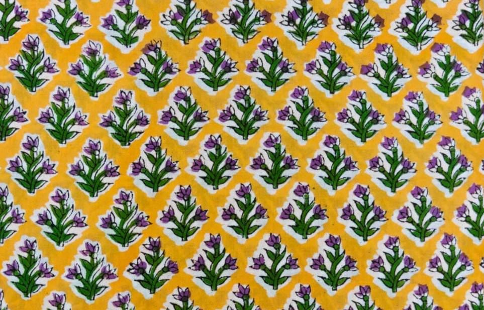 Yellow Floral Cotton Fabric, Purple Flower Print Fabric, Indian Cotton Fabric, Hand Block Print Fabric, Floral Sewing Fabric Quilting Fabric