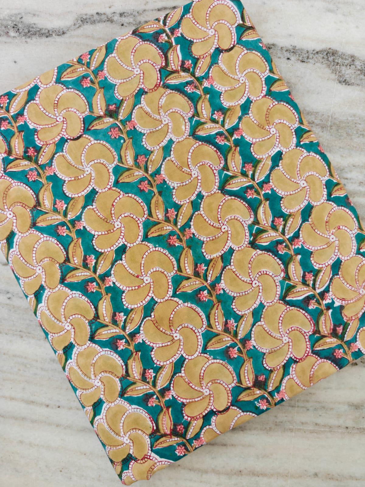 Teal Floral Cotton Fabric, Mustard Yellow Flower Print Fabric, Indian Cotton Fabric, Floral Sewing Fabric, Dressmaking Fabric, Loose Fabric