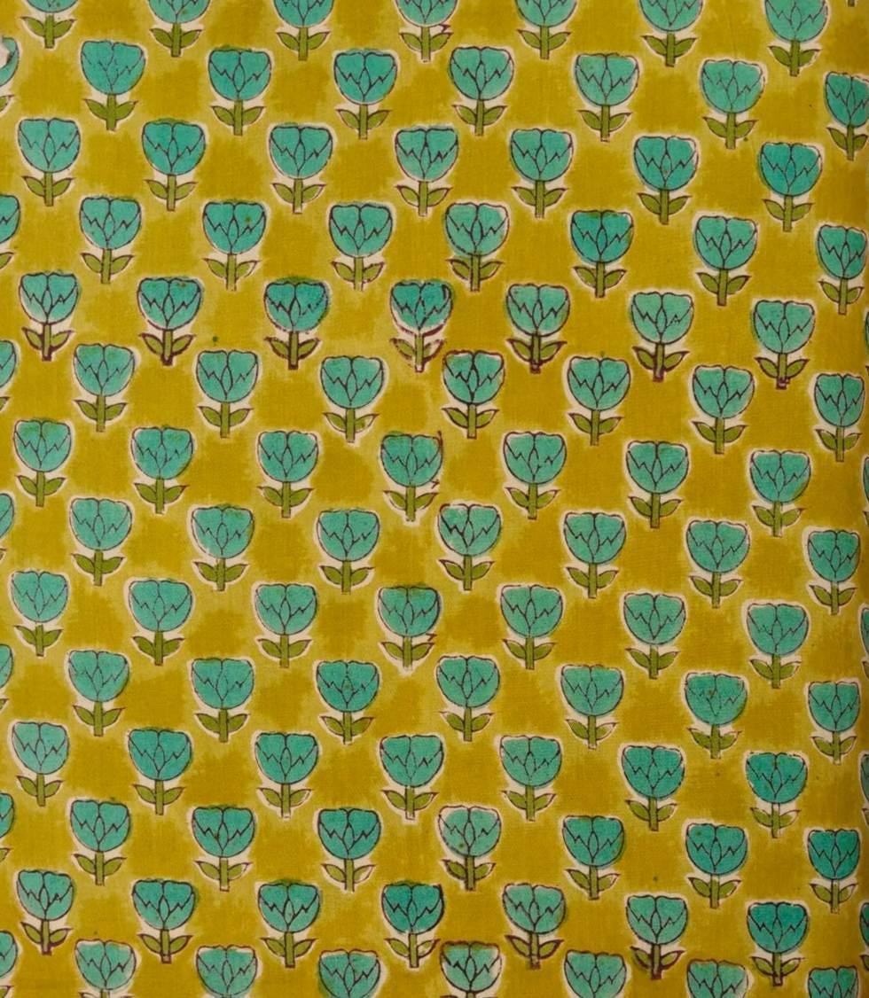 Mustard Yellow Cotton Fabric with Teal Floral Block Print Indian Hand Block Print Fabric Botanical Cotton Textile Quilting & Sewing Fabric