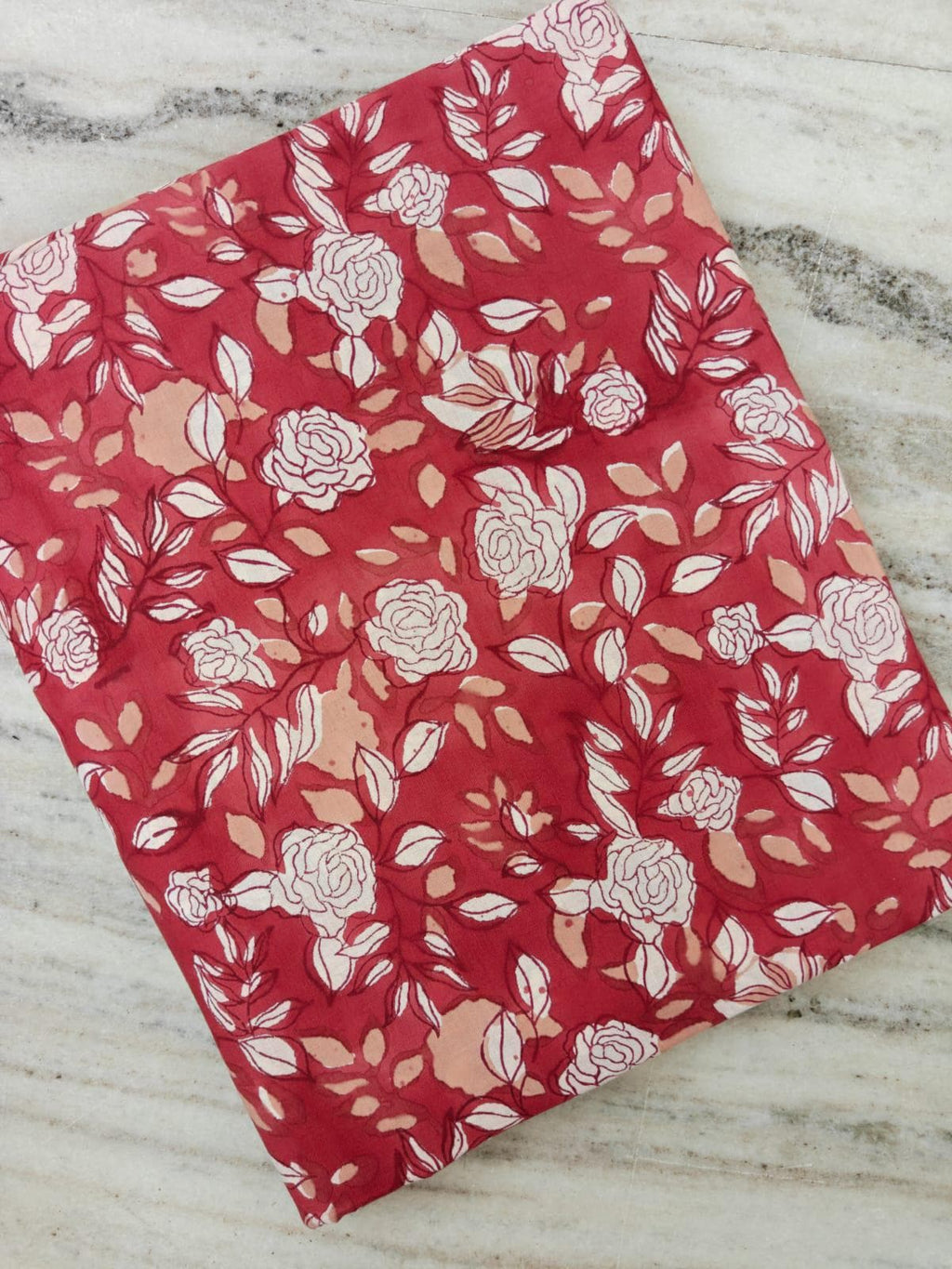 Red Floral Cotton Fabric with White Roses | Indian Floral Print Fabric | Peach & White Botanical Cotton Textile | Sewing Quilting Fabric