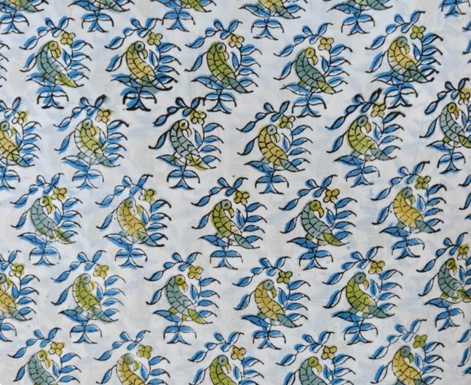 White Cotton Fabric with Parrot & Floral Print, Blue Green Bird Print Fabric, Indian Block Print Style Textile, Sewing  Quilting Fabric