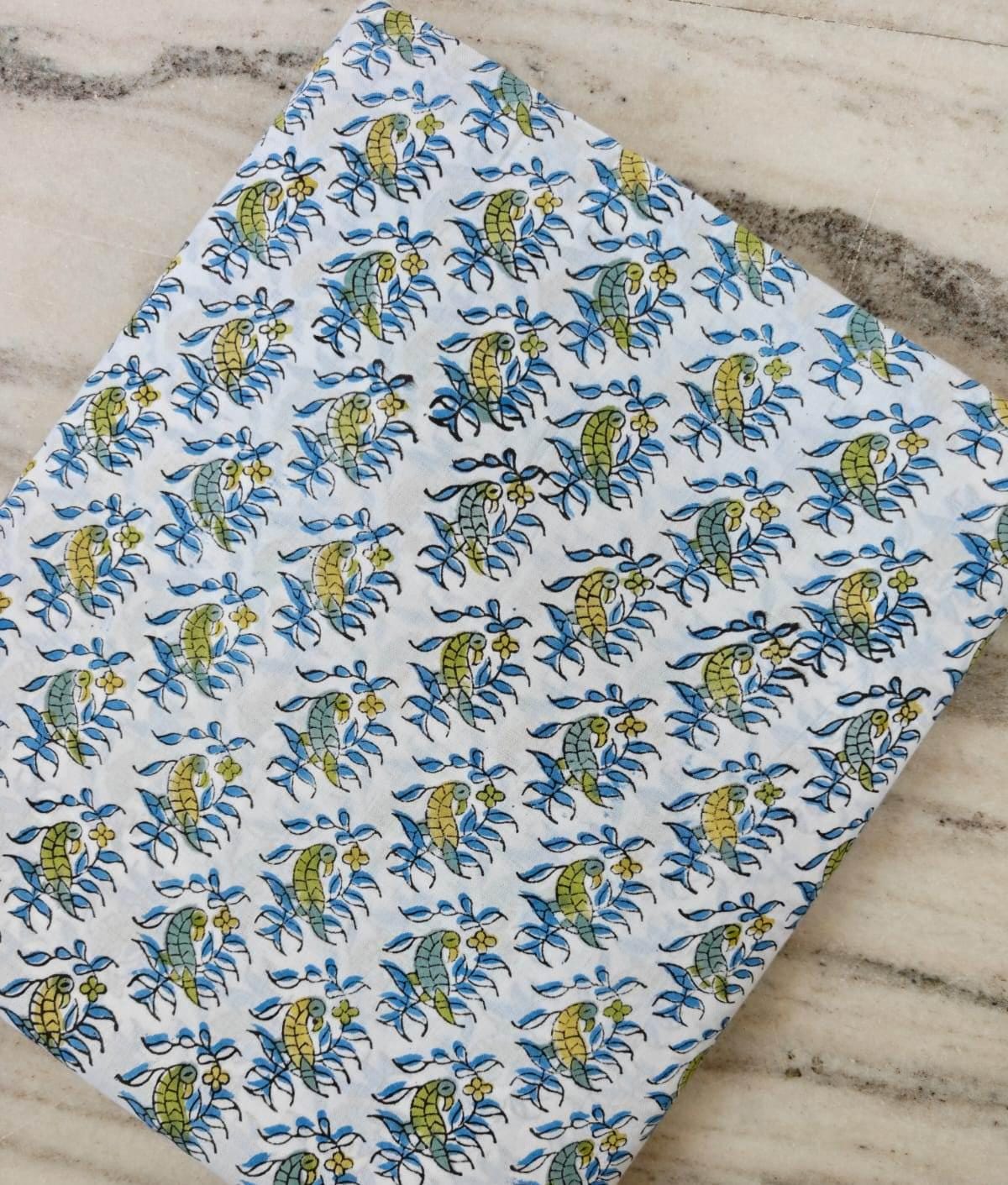 White Cotton Fabric with Parrot & Floral Print, Blue Green Bird Print Fabric, Indian Block Print Style Textile, Sewing  Quilting Fabric
