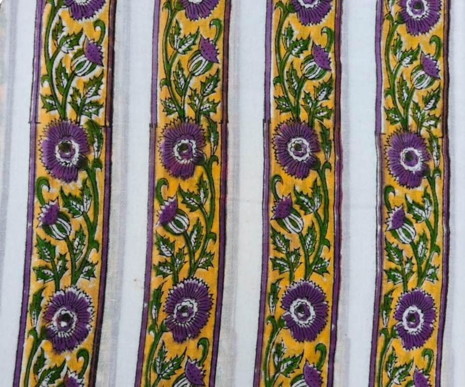 Floral Stripe Cotton Fabric, Purple Flower Print on Yellow & White, Indian Block Print Style Fabric, Botanical Textile, Sewing Fabric