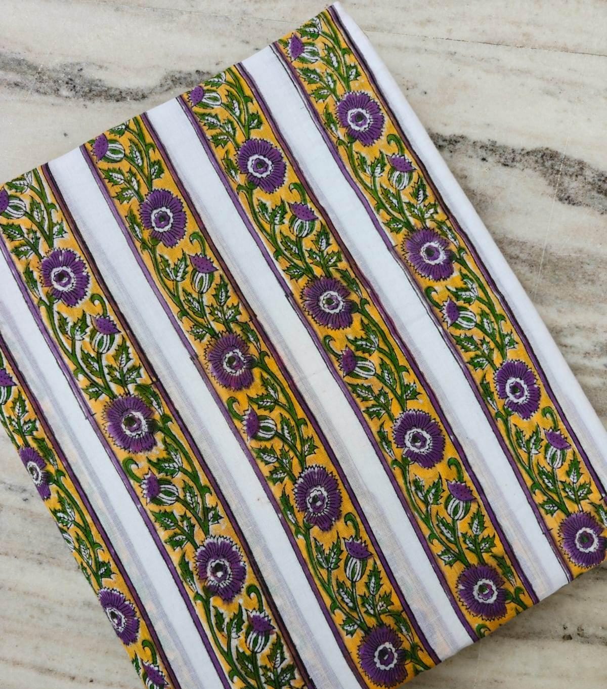 Floral Stripe Cotton Fabric, Purple Flower Print on Yellow & White, Indian Block Print Style Fabric, Botanical Textile, Sewing Fabric