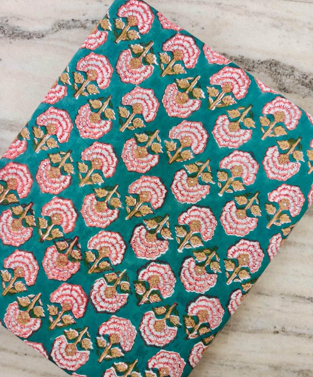 Teal Cotton Fabric, Floral Block Print Fabric, Pink Rose Cotton Textile, Indian Hand Block Print, Sewing & Craft Fabric, Loose Fabric