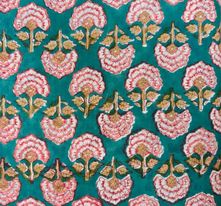 Teal Cotton Fabric, Floral Block Print Fabric, Pink Rose Cotton Textile, Indian Hand Block Print, Sewing & Craft Fabric, Loose Fabric