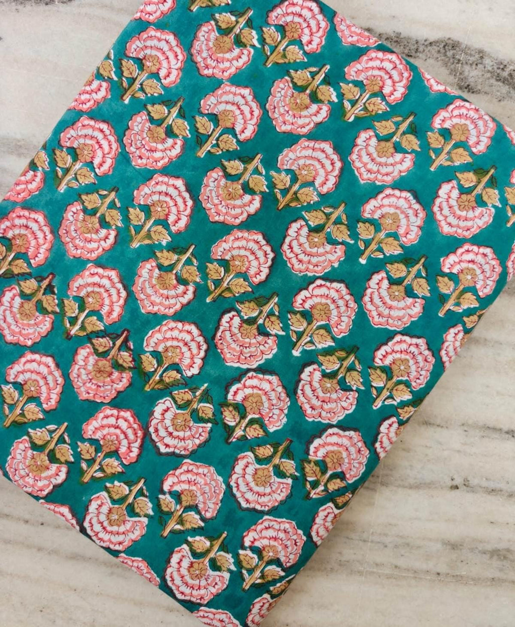 Teal Cotton Fabric, Floral Block Print Fabric, Pink Rose Cotton Textile, Indian Hand Block Print, Sewing & Craft Fabric, Loose Fabric