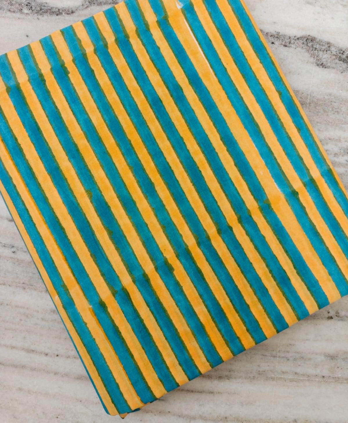 Turquoise Yellow Cotton Fabric, Striped Block Print Fabric, Teal Mustard Cotton Textile, Indian Hand Block Print, Sewing Fabric, Napkins