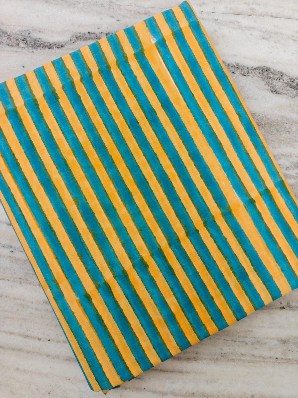 Turquoise Yellow Cotton Fabric, Striped Block Print Fabric, Teal Mustard Cotton Textile, Indian Hand Block Print, Sewing Fabric, Napkins