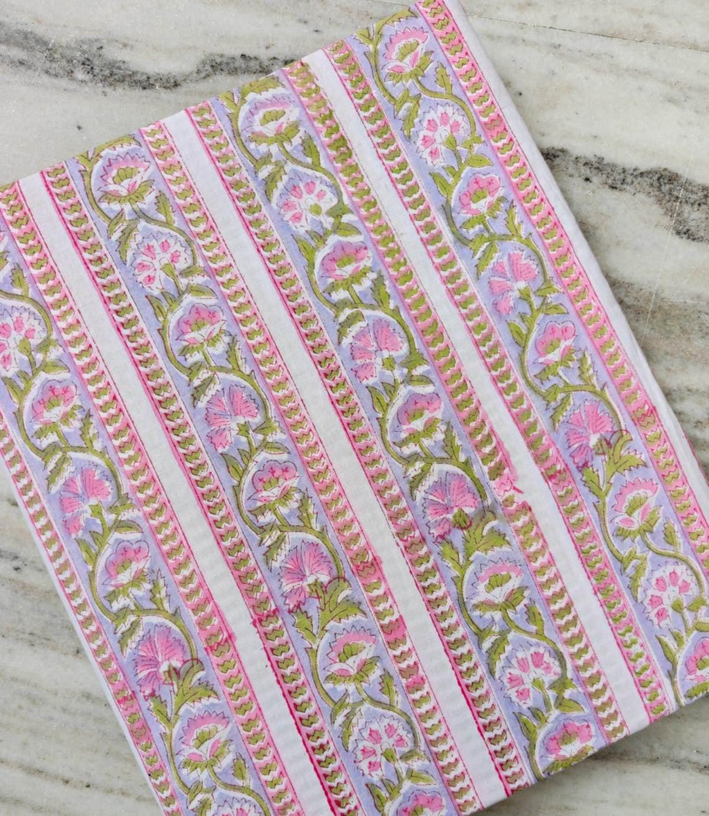 Pink Lavender Floral Cotton Fabric, Block Print Inspired Striped Botanical Fabric, Indian Cotton Fabric by the Yard, Quilting & Sewing