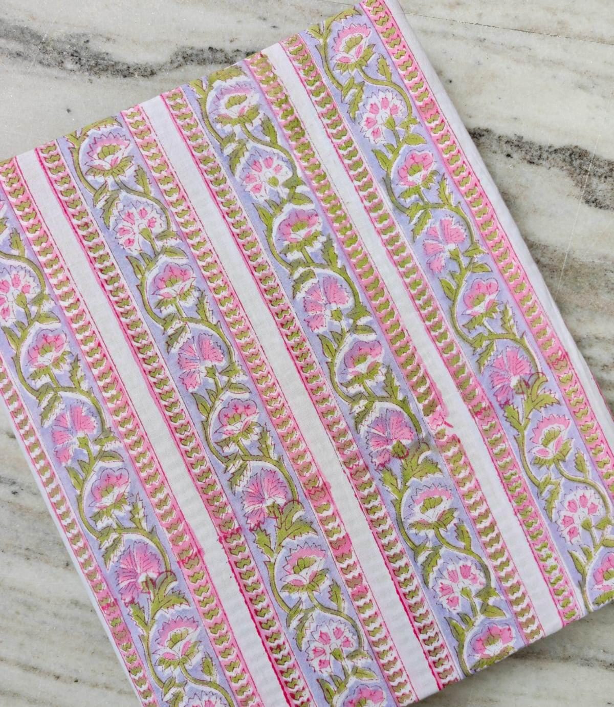 Pink Lavender Floral Cotton Fabric, Block Print Inspired Striped Botanical Fabric, Indian Cotton Fabric by the Yard, Quilting & Sewing