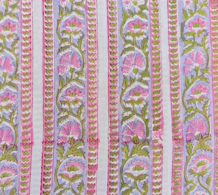 Pink Lavender Floral Cotton Fabric, Block Print Inspired Striped Botanical Fabric, Indian Cotton Fabric by the Yard, Quilting & Sewing