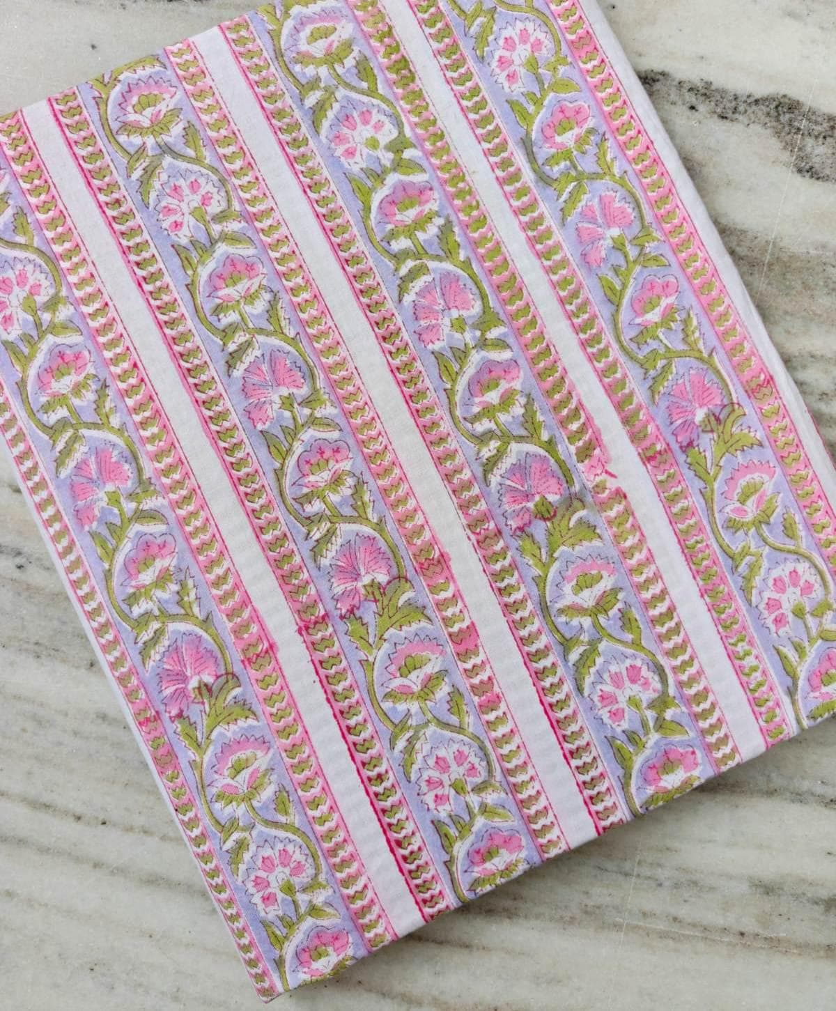 Pink Lavender Floral Cotton Fabric, Block Print Inspired Striped Botanical Fabric, Indian Cotton Fabric by the Yard, Quilting & Sewing