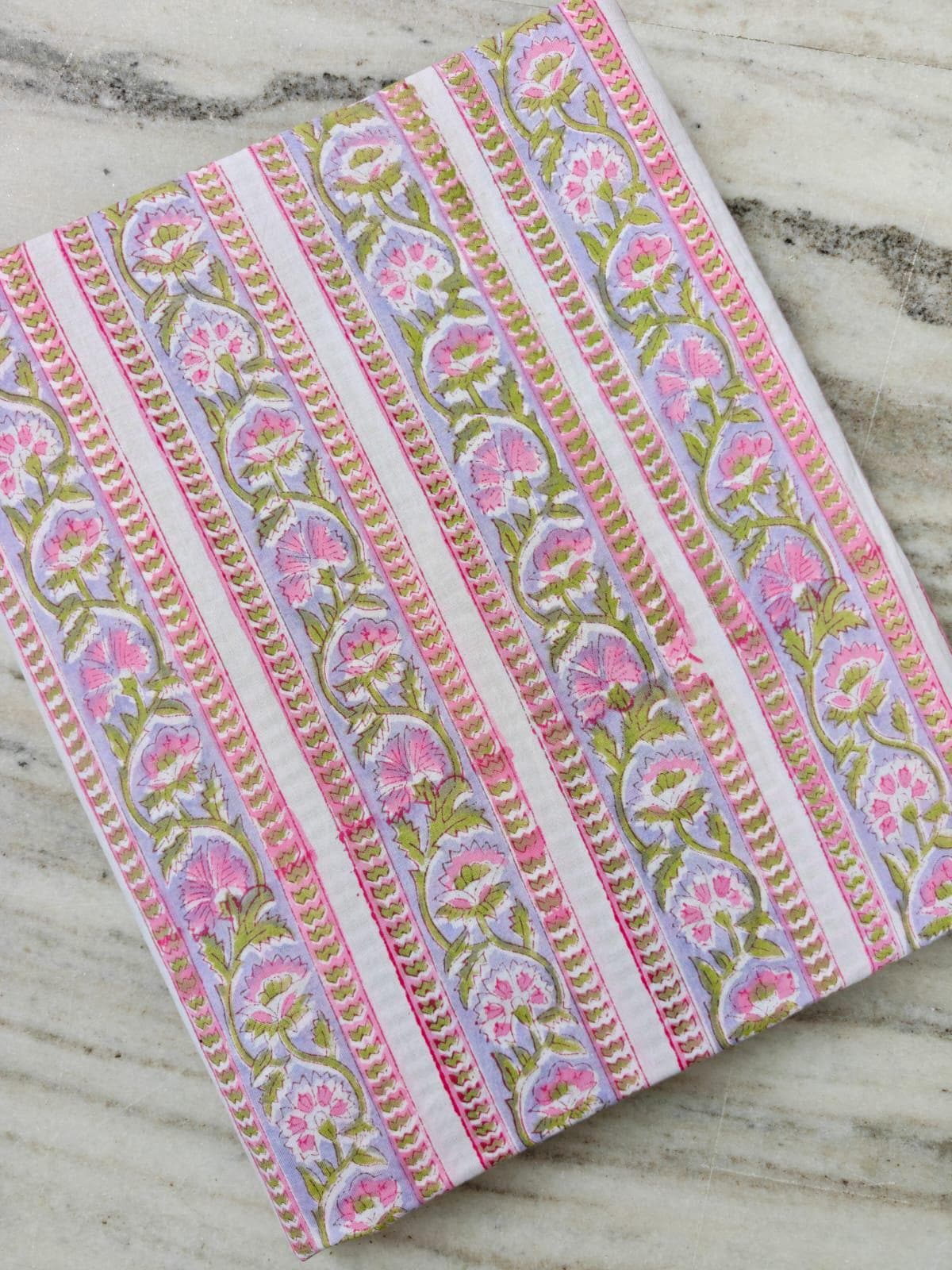 Pink Lavender Floral Cotton Fabric, Block Print Inspired Striped Botanical Fabric, Indian Cotton Fabric by the Yard, Quilting & Sewing