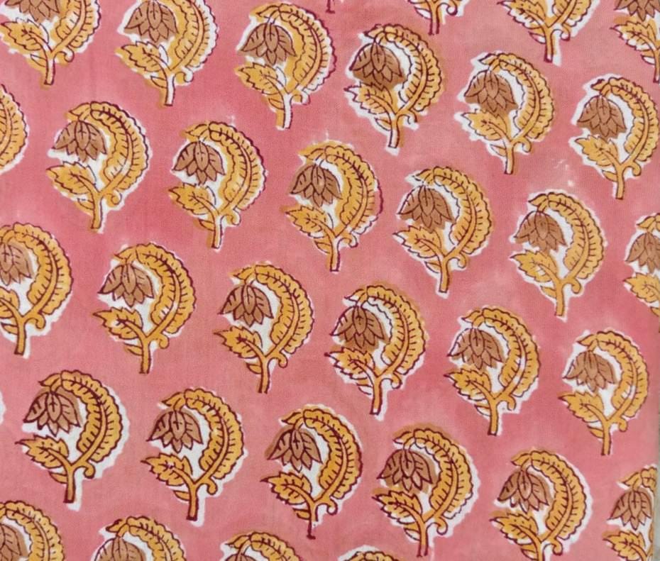 Pink Floral Block Print Cotton Fabric, Indian Hand Block Print Fabric, Traditional Paisley Cotton, Quilting Fabric, Sewing Fabric, Napkins
