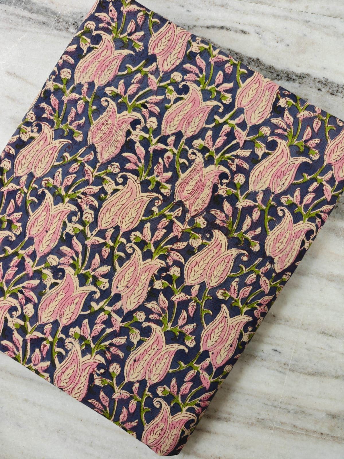 Pink Paisley Floral Cotton Fabric, Navy Blue Printed Cotton, Indian Floral Fabric, Dressmaking Fabric, Quilting & Sewing Material Fabric