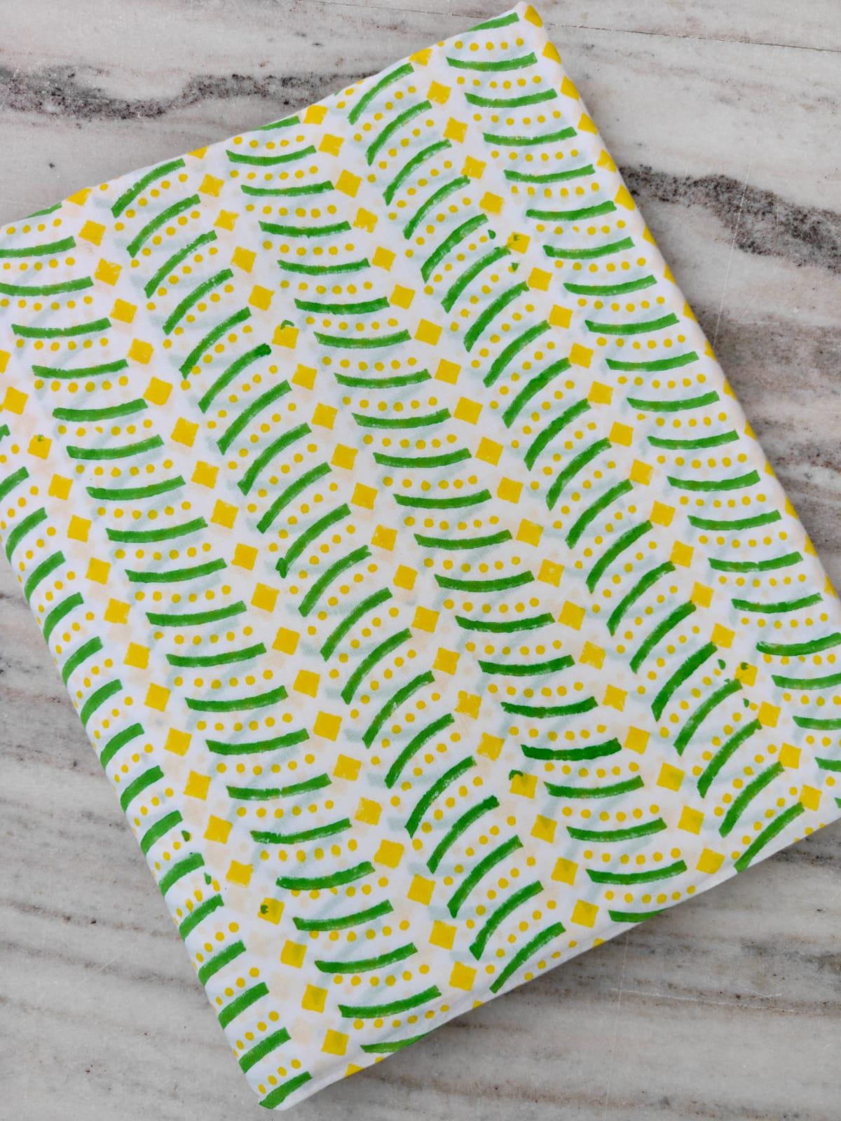 Cotton Fabric by the Yard, Green & Yellow Geometric Print, Hand Block Print Style Fabric, Modern Cotton Fabric, Sewing Quilting, Napkins