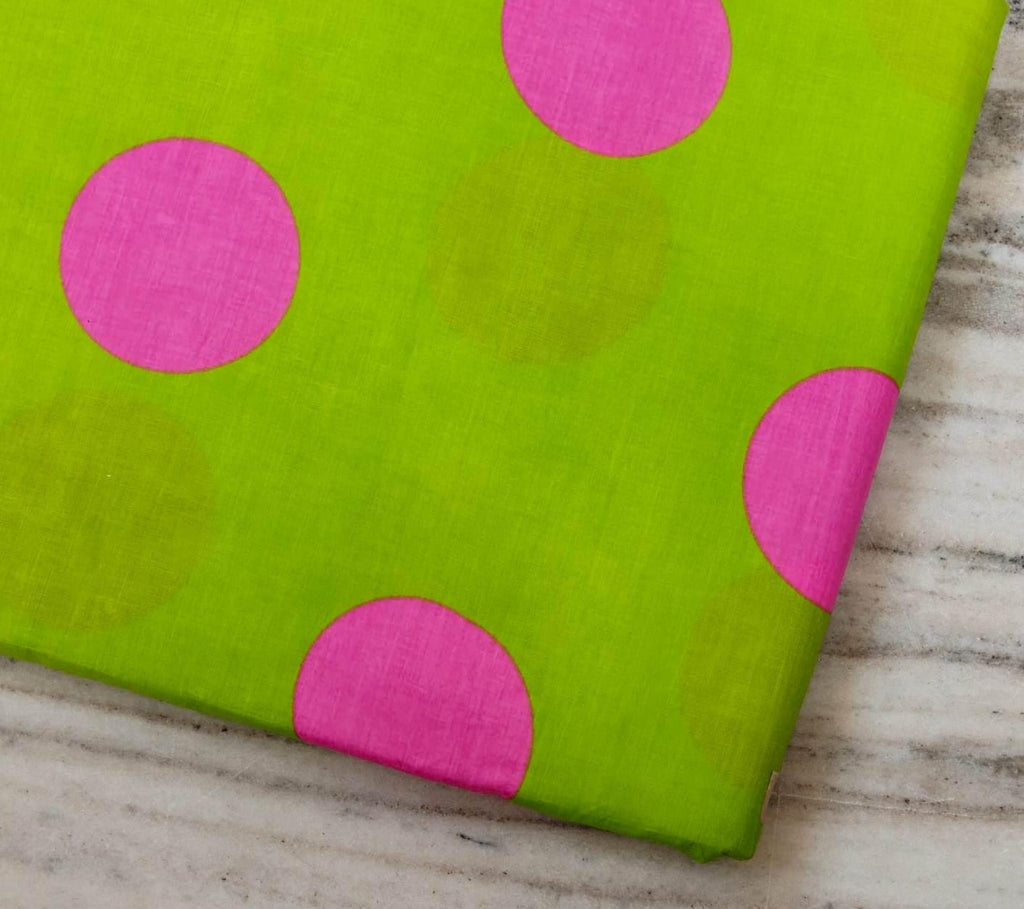 Lime Green Pink Polka Dot Cotton Fabric | Bright Cotton Print | Pink Dot Fabric | Sewing & Quilting Fabric | Indian Textile | Loose Fabric