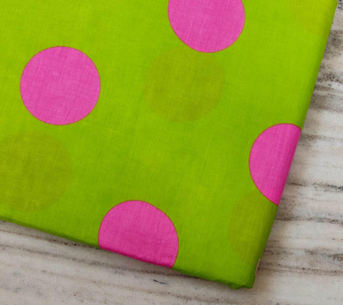 Lime Green Pink Polka Dot Cotton Fabric | Bright Cotton Print | Pink Dot Fabric | Sewing & Quilting Fabric | Indian Textile | Loose Fabric