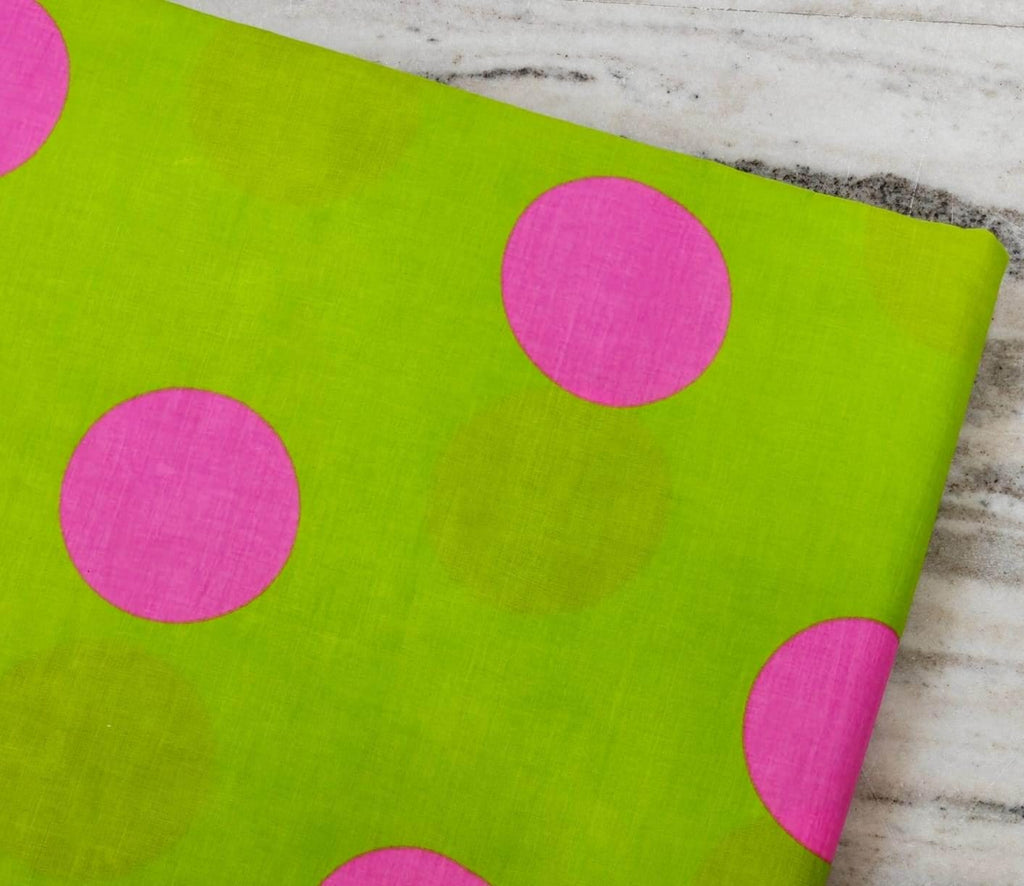 Lime Green Pink Polka Dot Cotton Fabric | Bright Cotton Print | Pink Dot Fabric | Sewing & Quilting Fabric | Indian Textile | Loose Fabric