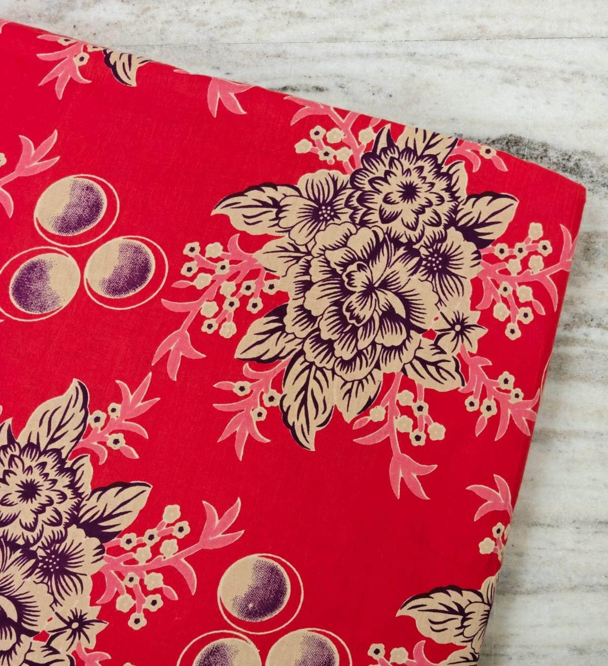 Red Floral Cotton Fabric | Vintage Flower & Berry Print | Pink Cream Botanical Fabric | Sewing Quilting Dressmaking Material