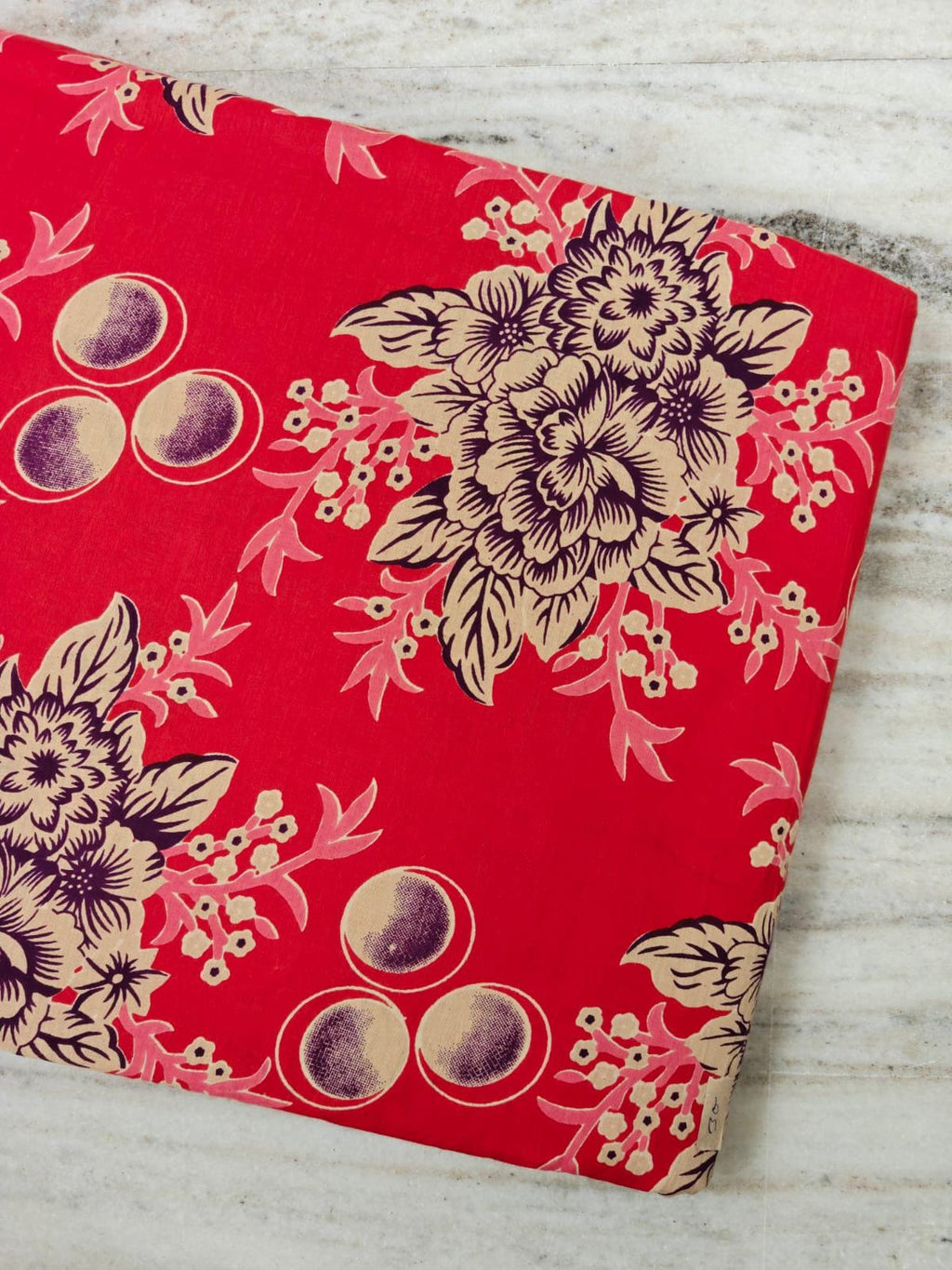 Red Floral Cotton Fabric | Vintage Flower & Berry Print | Pink Cream Botanical Fabric | Sewing Quilting Dressmaking Material