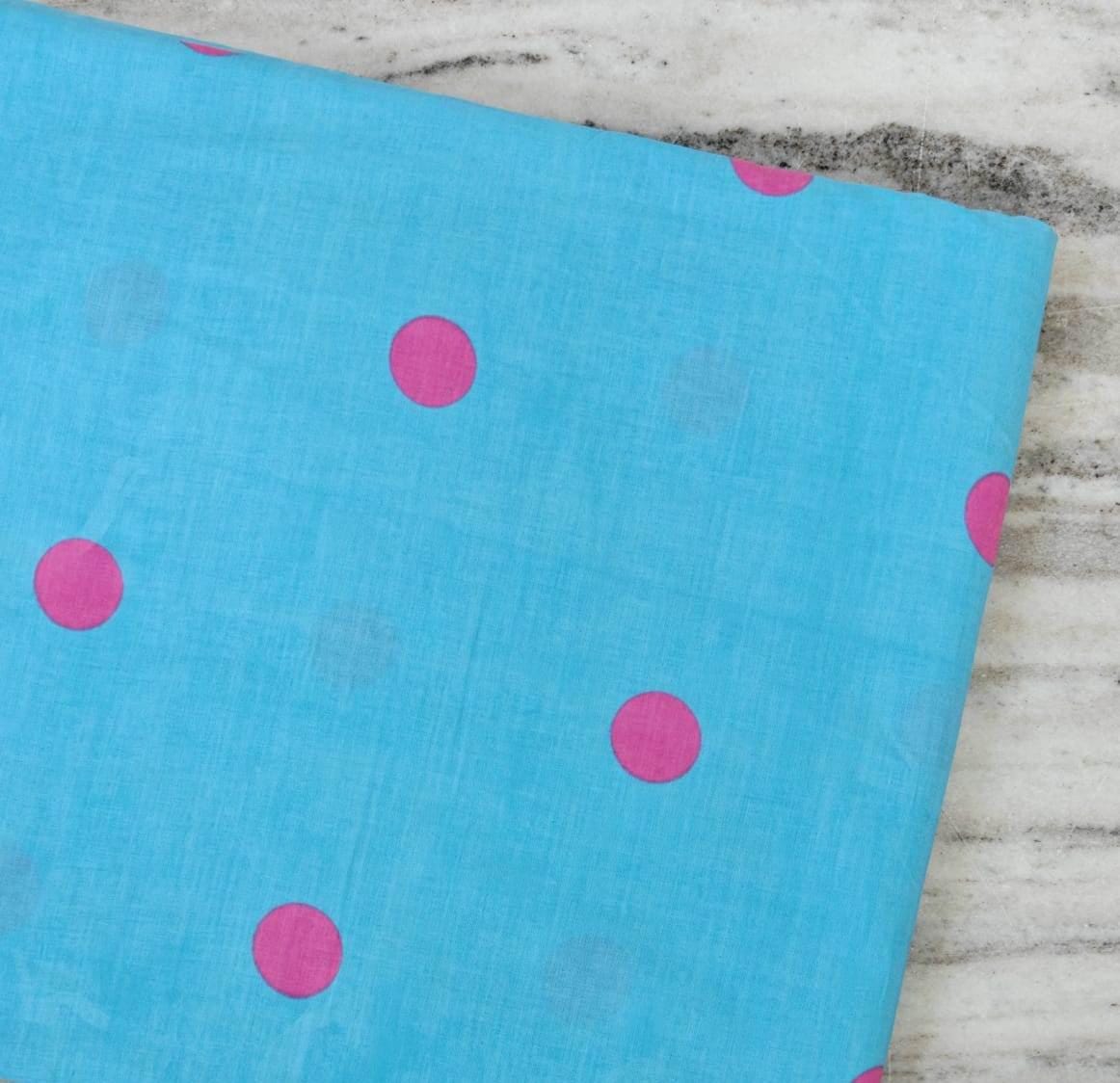 Turquoise Blue Cotton Fabric with Pink Polka Dots, Bright Retro Dot Print Fabric, Modern Quilting Sewing Fabric, Fun Home Decor Textile