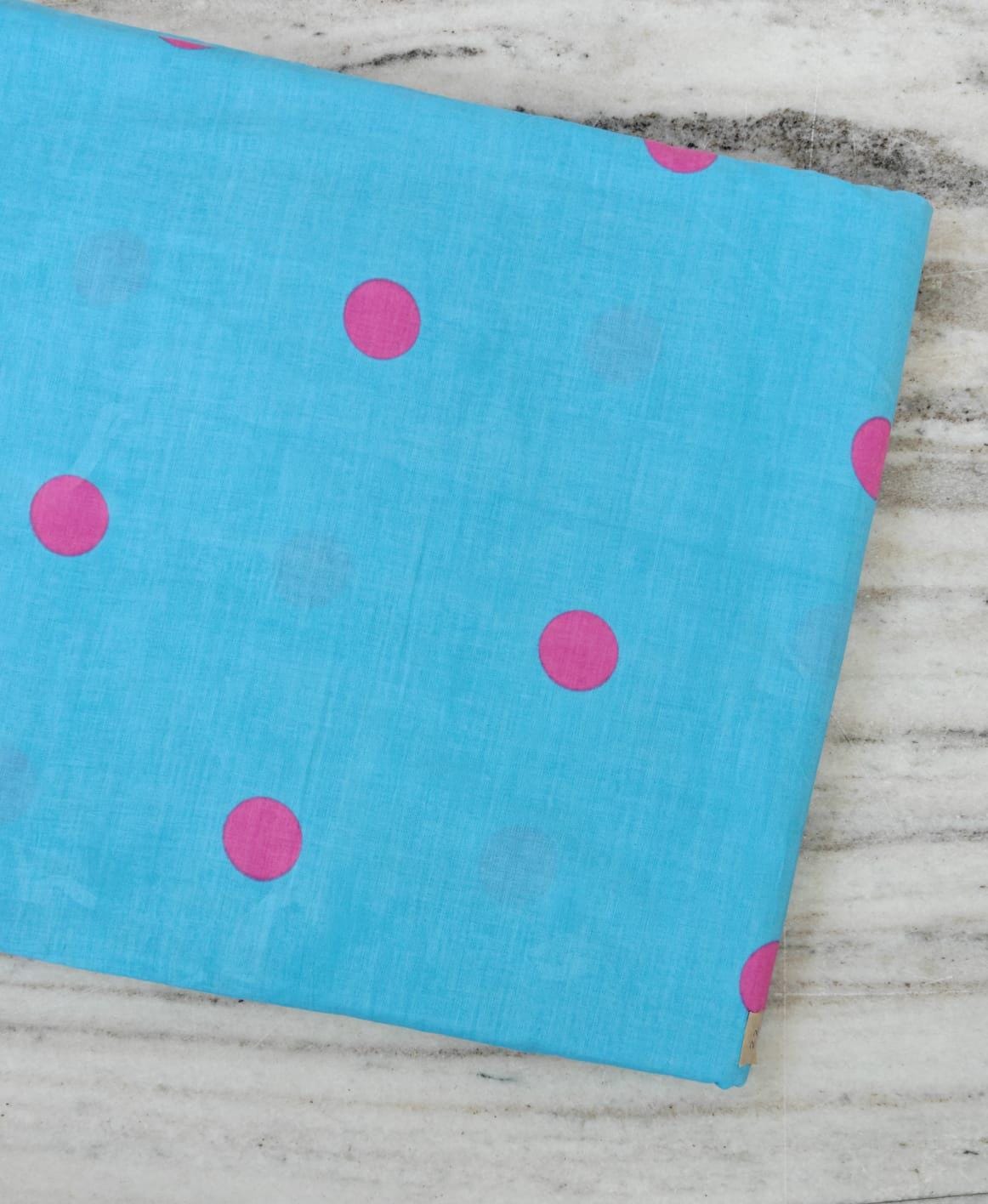 Turquoise Blue Cotton Fabric with Pink Polka Dots, Bright Retro Dot Print Fabric, Modern Quilting Sewing Fabric, Fun Home Decor Textile